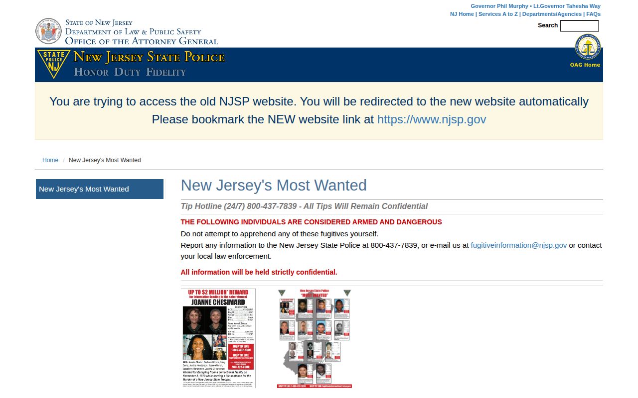 Hudson County wanted-record source showing the New Jersey State Police statewide wanted page